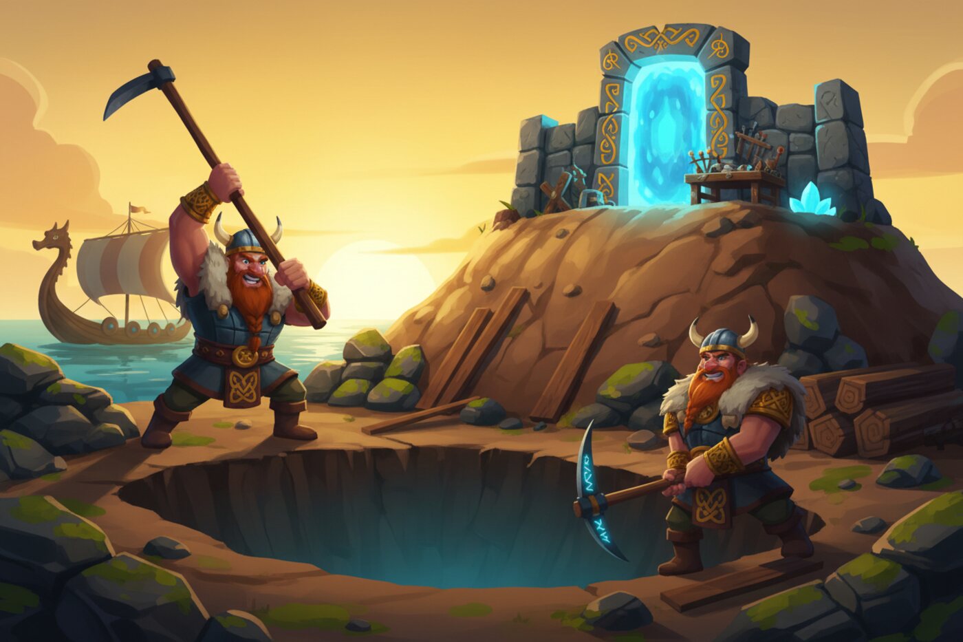 Cartoon Vikings raising an earth mound with a hoe and digging a ditch with a pickaxe around a stone-walled portal