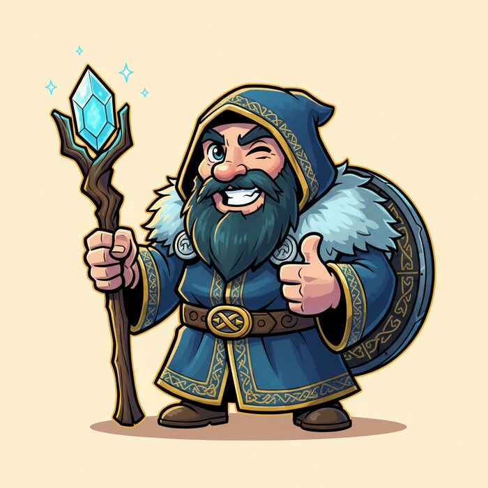 Cartoon Viking mage mascot giving a thumbs up with a frost staff