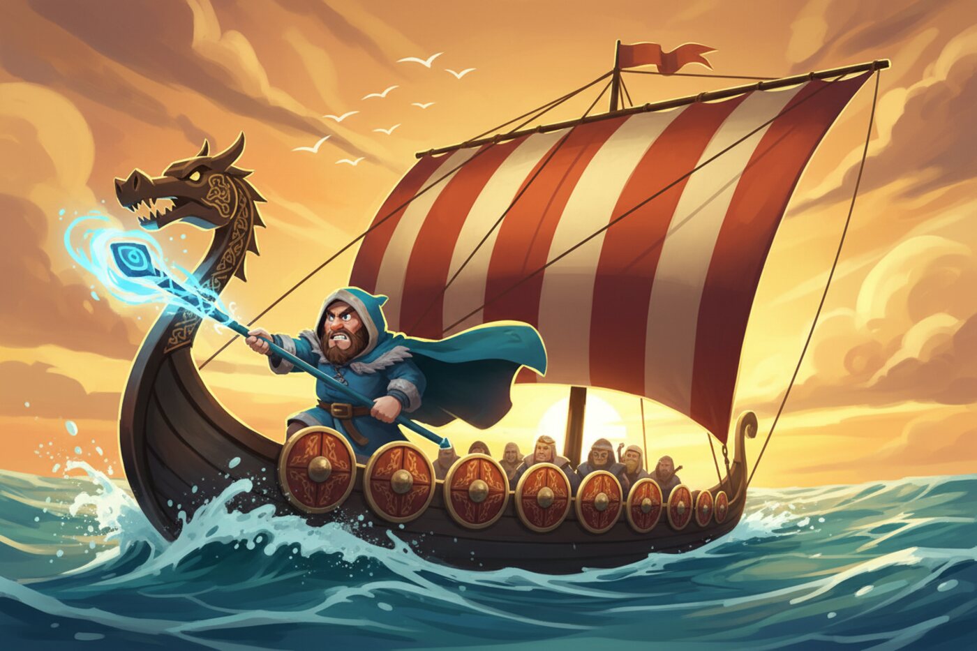 Cartoon Viking mage at the prow of an armored longship at sunset