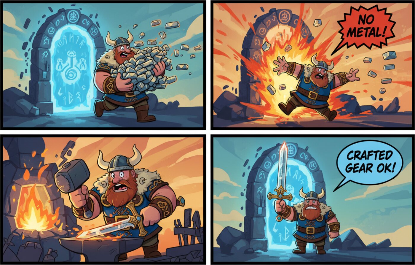 Four-panel comic: a Viking carrying iron bars gets blasted by a portal, forges a sword, then walks through with the sword