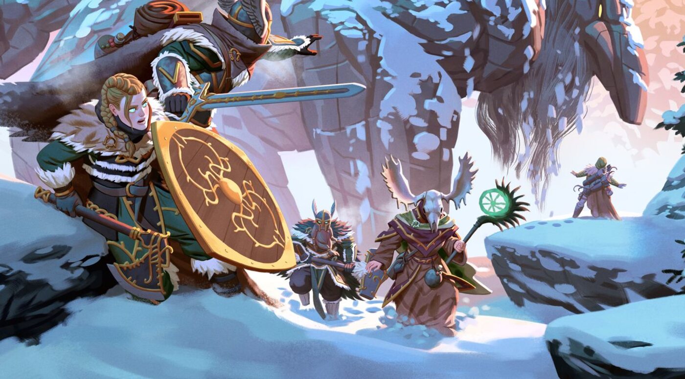 Valheim 1.0 key art: a party of Vikings with shield, sword, and a staff-wielding mage in the snow