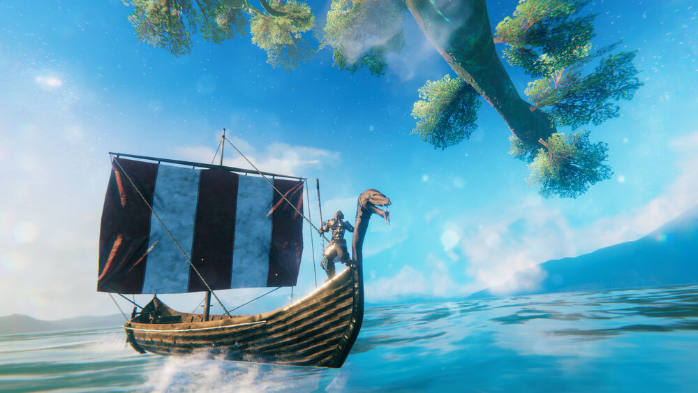Official Valheim screenshot of a longship under sail